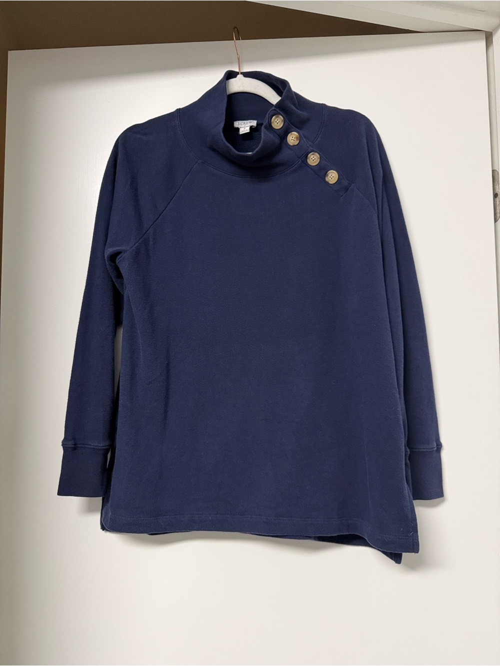 J. Crew Navy Funnel Neck Fleece Sweater with Shoulder Buttons